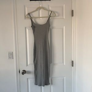 Grey Body Con Ribbed Knit Mdi Dress